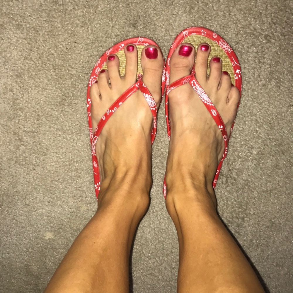 Red and white flip flops